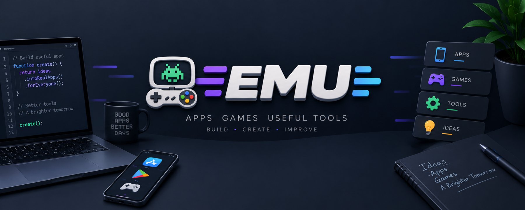 A laptop with code on the screen, a phone showing the app stores, and a notebook with Ideas, Apps, Games written on it.