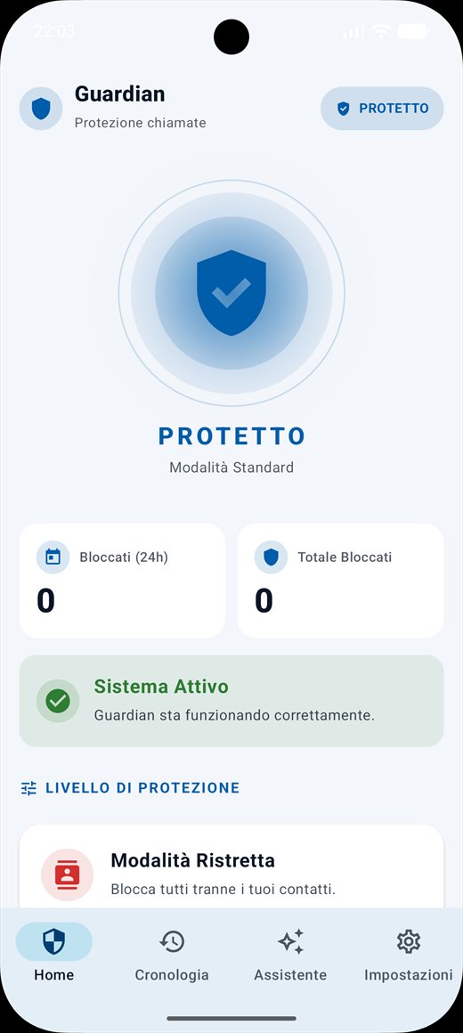 Call Guardian's home screen, showing the current protection mode and the number of calls blocked.