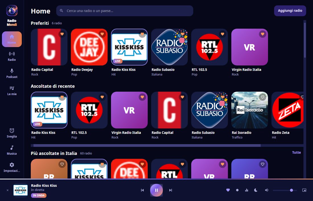 Radio Mondi's home page: favourites at the top, then what you listened to recently, then the popular stations in your country.