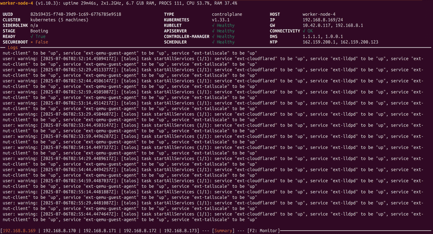 Talos dashboard showing healthy node and services